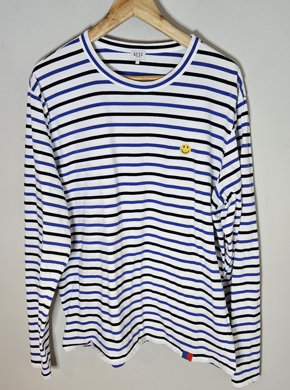 Kule Mister Striped Modern Tee Long Sleeve Smiley Face Blue Black Crew L Large
